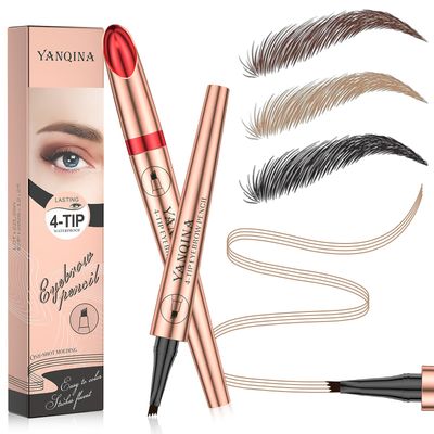 Microblading Eyebrow Pen - 3D Eyebrow Pencil Magical 4-Fork-Tip Eye Brow Pencils for Women, Precise Brush-Tip Pen Makeup, 24 Hours Water-proof &amp; Smudge-proof Natural Fine Stroke (Dark Brown)