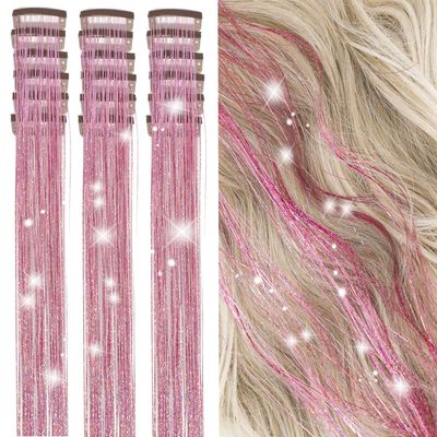 ZYXQZYX Hair Tinsel Kit Pack of 18 Pcs Hair Tinsel Clip in 19.6Inch Glitter Tinsel Hair Extensions Heat Resistant Clip in Hair Tinsel Sparkle Fairy Hair Accessories for Kids Girls Women (Pink)