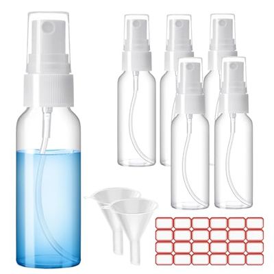 Zoizocp Spray Bottles, 2oz50ml Clear Empty Fine Mist Plastic Mini Travel Bottle Set, Small Refillable Liquid Containers with 2pcs Funnels and 24pcs Labels (6 Pack)