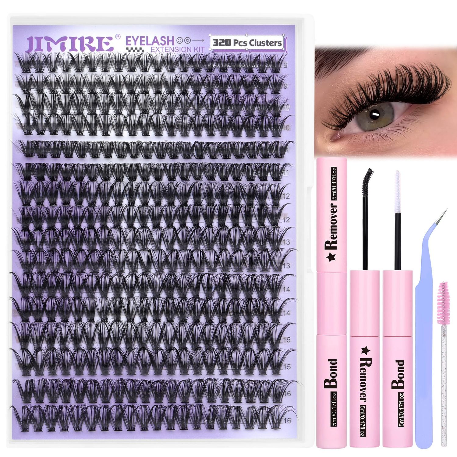 Lash Clusters Kit 320Pcs Wispy Lash Clusters 40D Curl Eyelash Clusters Kit with Lash Bond, Lash Remover, Lash Tweezers for DIY Lash Extensions Kit 9-16mm Individual Lashes Kit for Beginners by JIMIRE