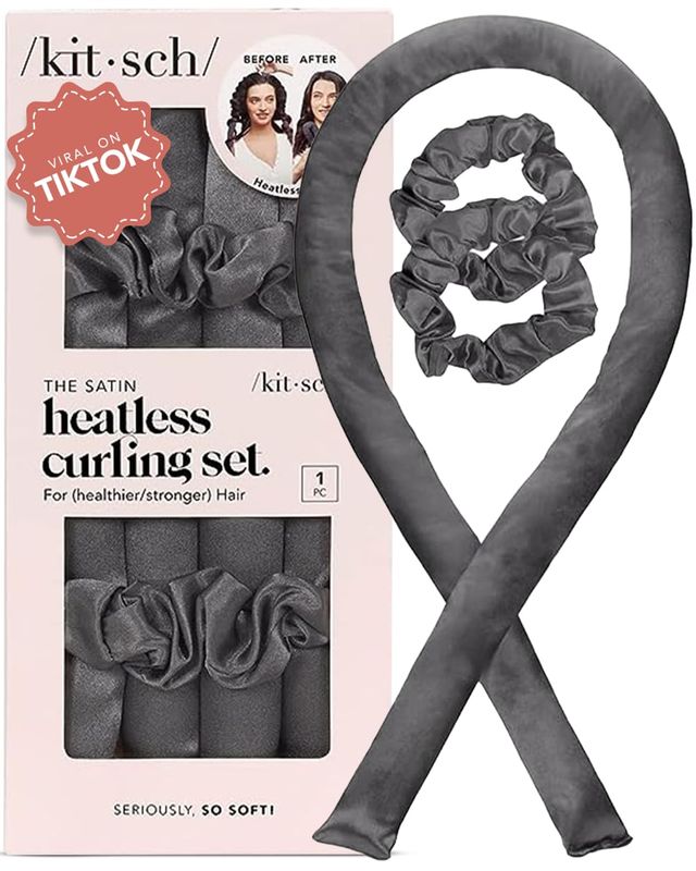 Kitsch Satin Heatless Curling Set - Heatless Hair Curler To Sleep In, Heat Free Curls Overnight for Frizz-Free, Soft Curls - For All Hair Types - Includes Satin Curling Rod &amp; 2 Scrunchies - Charcoal