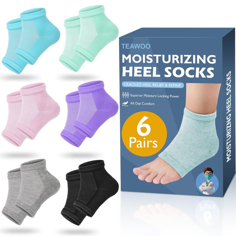TEAWOO 6 Pairs Moisturizing Heel Socks for Cracked Heel Treatment, Foot Care Toeless Socks to Soften and Hydrate Dry Cracked Feet Heels, Cracked Heel Repair Socks, Gel Socks for Dry Cracked Feet