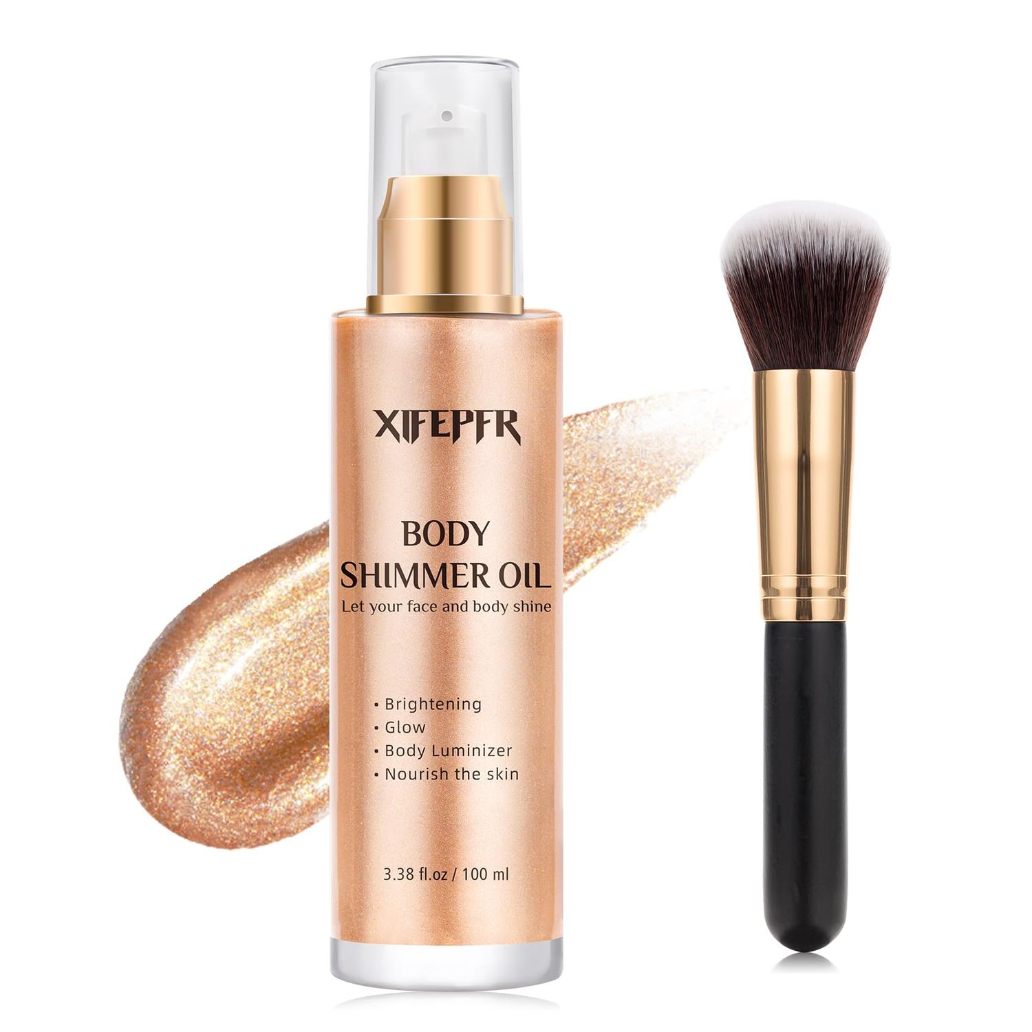 XIFEPFR Body Shimmer Oil, Rose Gold Face Brighten Glow Body Luminizer Highlighter Liquid Illuminator with Makeup Brush, Long Lasting Moisturizing Body Glitter Oil for Makeup (3.38 Fl Oz#05)