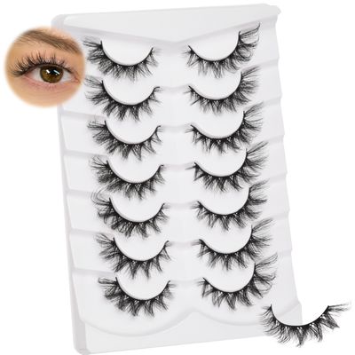 Fluffy Full Strip 3D Faux Mink Lashes Natural Look, D curl Volume and Cute Cat Eye Lashes Effect Short Corner Lashes, Easy to Use Wispy Lashes 7 Eye Lashes Pack Cotton Thin Band by Hiklasy