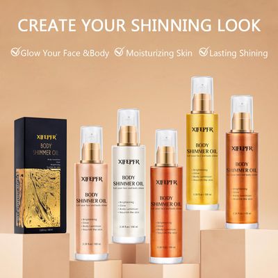 XIFEPFR Body Shimmer Oil, Rose Gold Face Brighten Glow Body Luminizer Highlighter Liquid Illuminator with Makeup Brush, Long Lasting Moisturizing Body Glitter Oil for Makeup (3.38 Fl Oz#05)