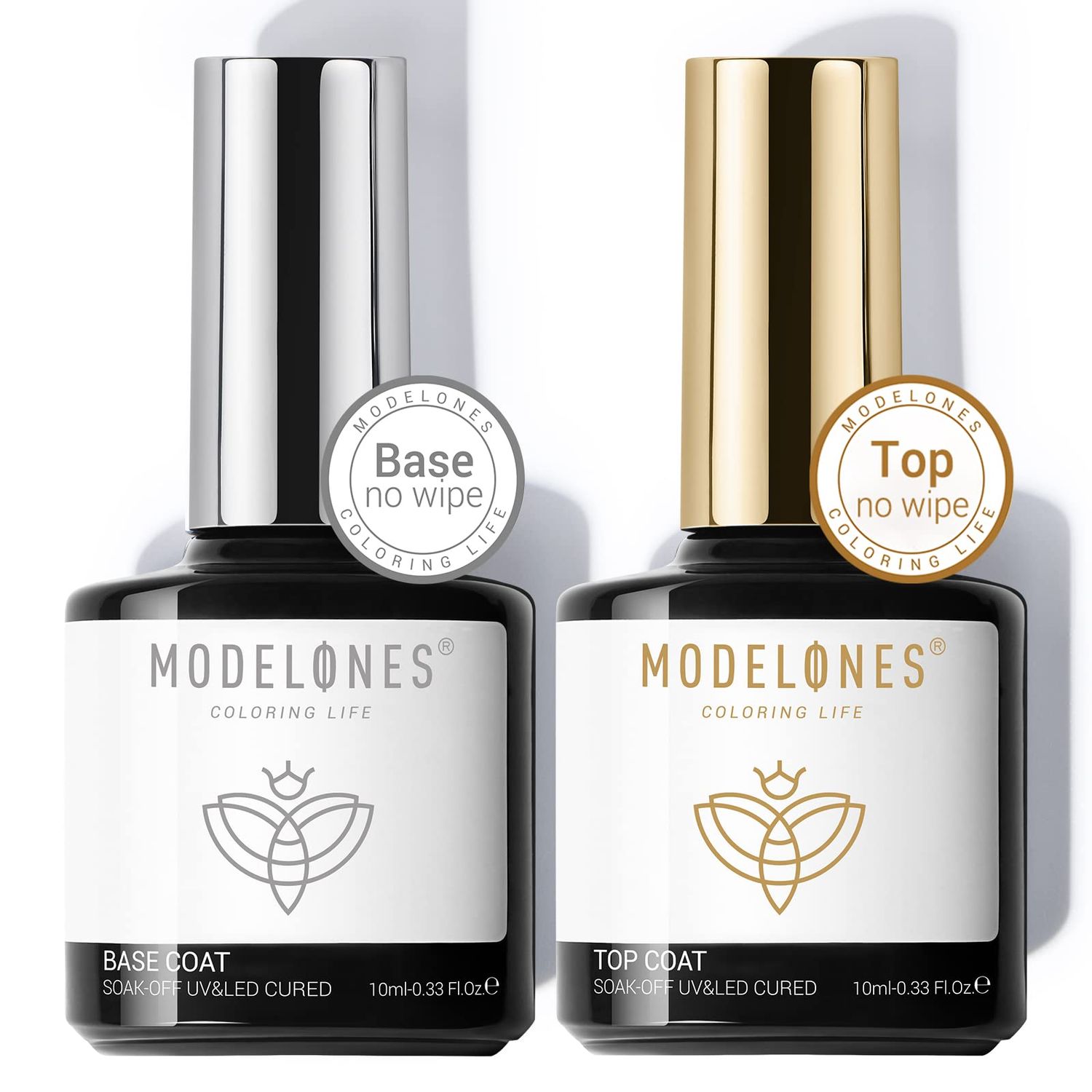 modelones Top Coat and Base Coat, 2 Pcs No Wipe Gel Base and Top Coat Clear Top Coat Long Lasting Shiny 10 ml