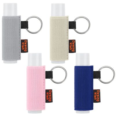 Desing Wish Lip Balm Sleeve, Elastic Lip Balm Holder Keychain Portable Chapstick Holder Keychain Colorful Lipstick Sleeves Clip On KeysPurseBag 4 Pack (GreyBeigePinkBlue)