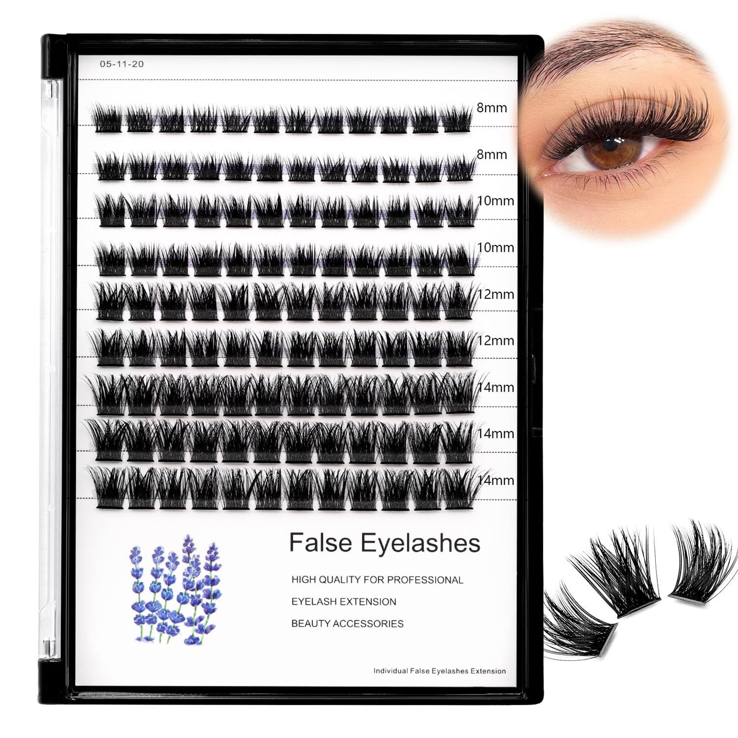 Hannahool Wide Stem Individual False Eyelashes Mixed 8-10-12-14mm10-12-14-16mm Dramatic Black Soft and Light Thick Base Cluster Lashes D Curl 5D Volume Eye Lashes Extensions (8-10-12-14mm)