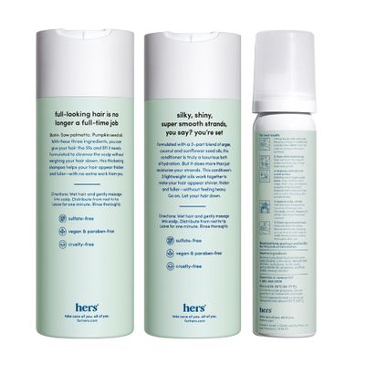 Hers Triple Threat Shampoo, Conditioner and Minoxidil Set - Hair Loss Treatment For Women - Includes Foam 5% Minoxidil Treatment, Color Safe Hair Thickening Shampoo and Conditioner - 3 Count