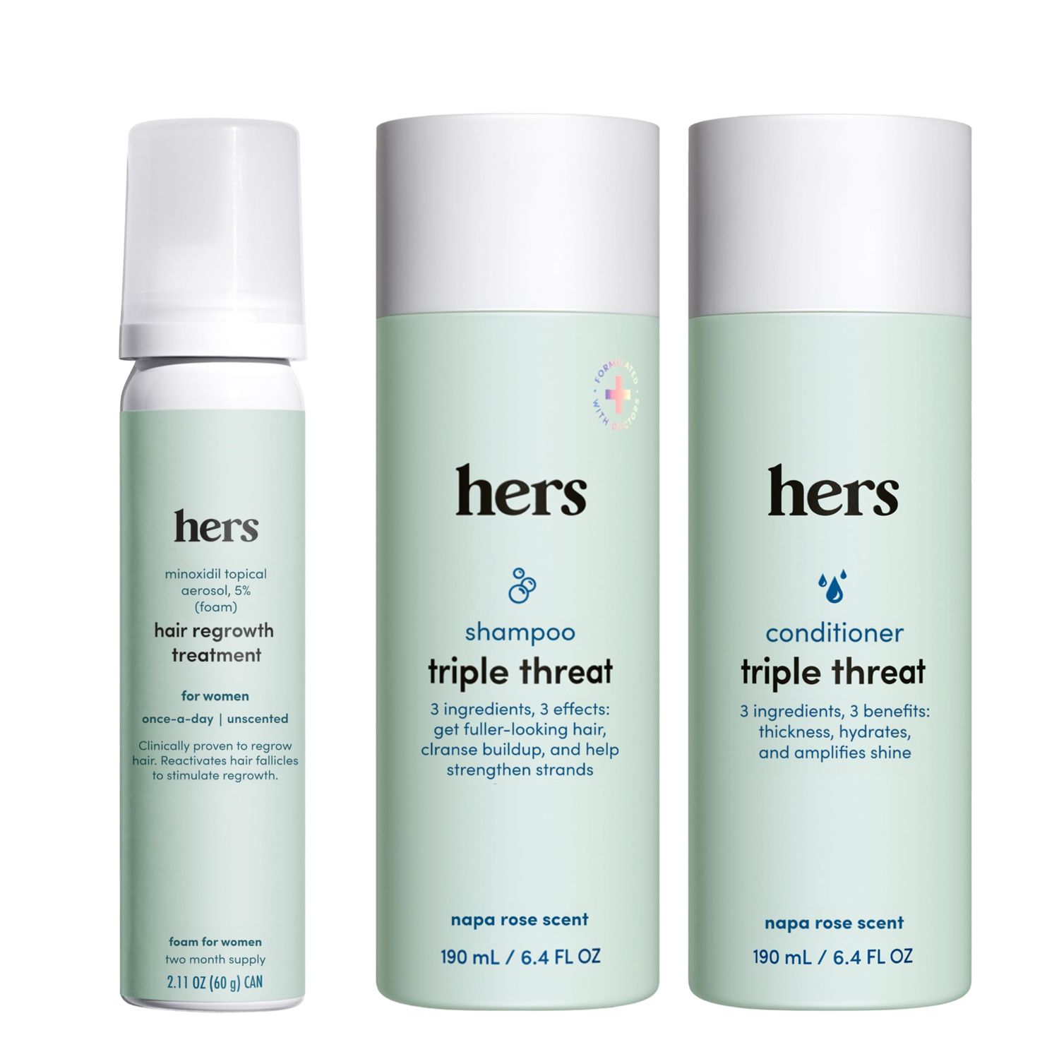 Hers Triple Threat Shampoo, Conditioner and Minoxidil Set - Hair Loss Treatment For Women - Includes Foam 5% Minoxidil Treatment, Color Safe Hair Thickening Shampoo and Conditioner - 3 Count
