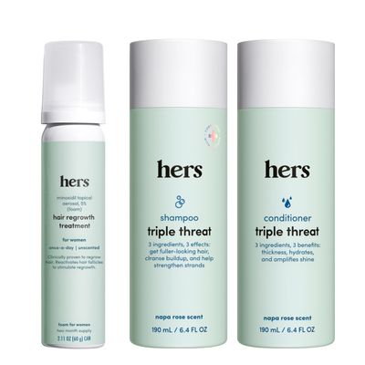 Hers Triple Threat Shampoo, Conditioner and Minoxidil Set - Hair Loss Treatment For Women - Includes Foam 5% Minoxidil Treatment, Color Safe Hair Thickening Shampoo and Conditioner - 3 Count