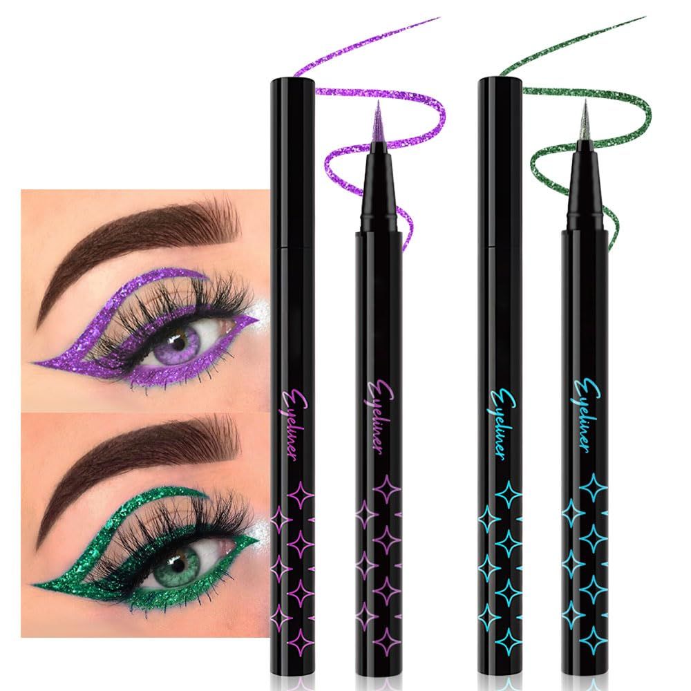 evpct 2Pcs Metallic Purple &amp; Green Glitter Glittering Diamond Liquid Eyeliner Eye Makeup Pencil Set, Sparkle Shimmer Colored Eyeliner Pen Waterproof Smudge Proof Long Lasting High Pigmented