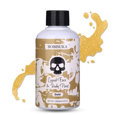 BOBISUKA Gold Face Body Paint Liquid Texture Washable Non Toxic Facepaint Fast Drying Metallic Gold Foundation Makeup for Halloween Cosplay SFX Costume Party Large Capacity(130ml)