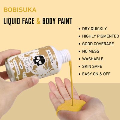 BOBISUKA Gold Face Body Paint Liquid Texture Washable Non Toxic Facepaint Fast Drying Metallic Gold Foundation Makeup for Halloween Cosplay SFX Costume Party Large Capacity(130ml)