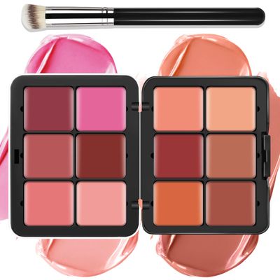 LSxia 12 Colors Cream Blush Makeup Palette for Cheeks - Multi-functional Blush Makeup Palette with Brush, Natural Matte Long Wearing, Waterproof Blendable Face Makeup Palette (#01)