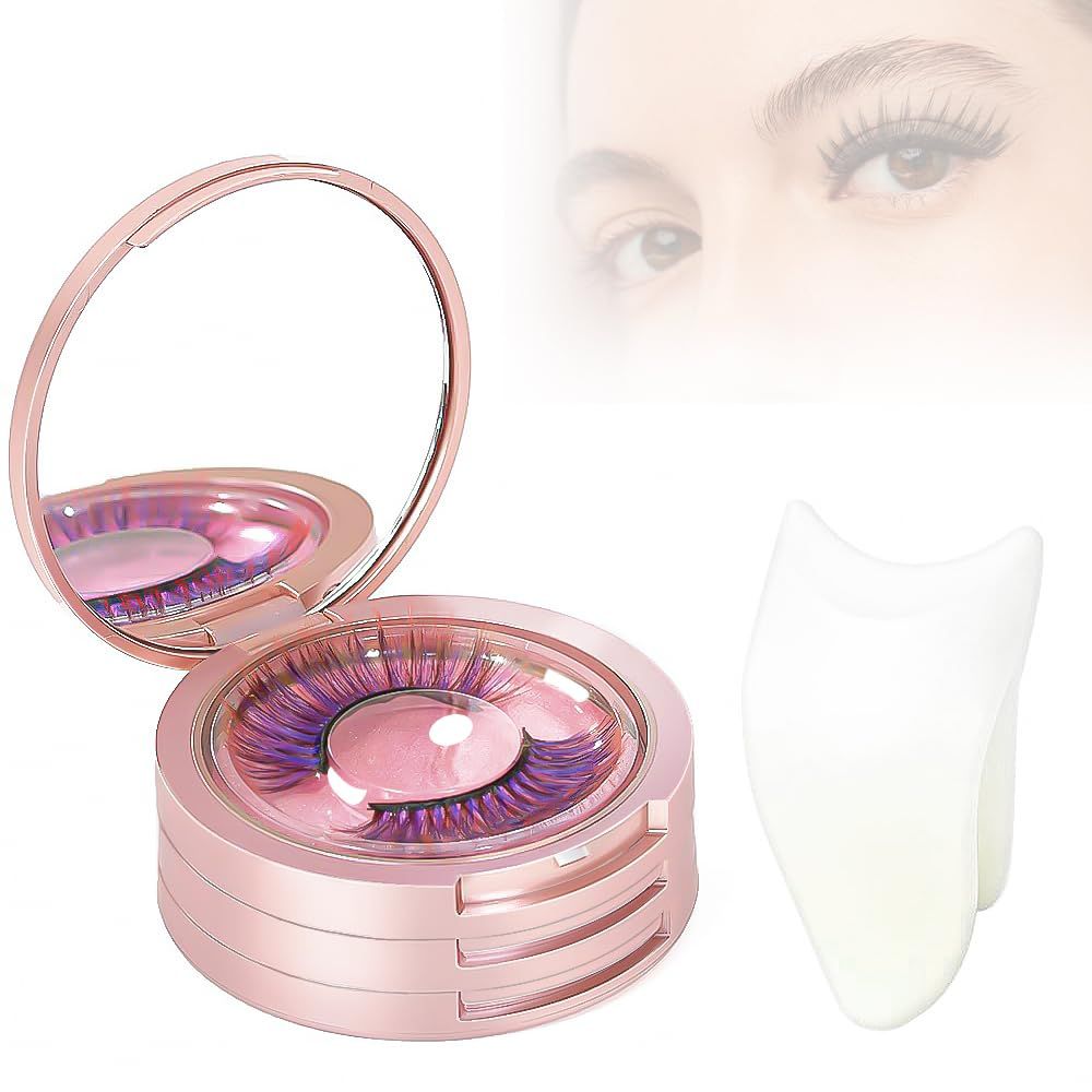 3 Layers Eyelash Storege Box with Mirror Circle Eyelash Holder Case with Lashes Trays &amp; New Lash Clip Applicator Eye Makeup Tool for Women Girls Travel Case Pink