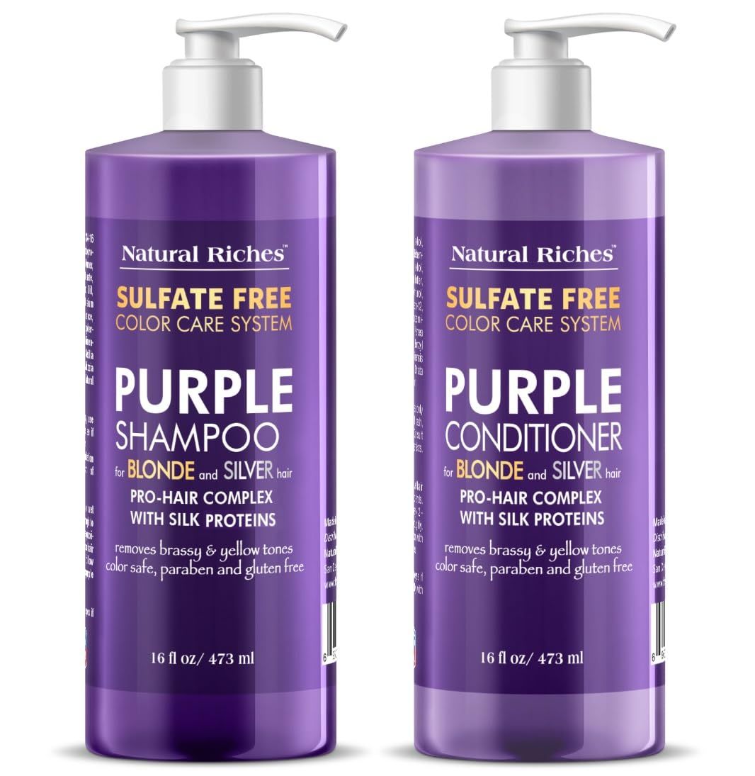 Natural Riches Purple Shampoo and Conditioner Set Sulfate Free Salon Grade for Silver Blonde Platinum Hair. Removes Yellow &amp; Brass tones. Grey Highlighted Hair 16x2 fl oz