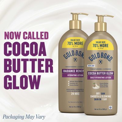 Gold Bond Cocoa Butter Glow Daily Hydrating Lotion with Shea Butter, Cocoa Butter &amp; Coconut Oil, Exfoliating Moisturizer for Dry Skin, 24 oz.