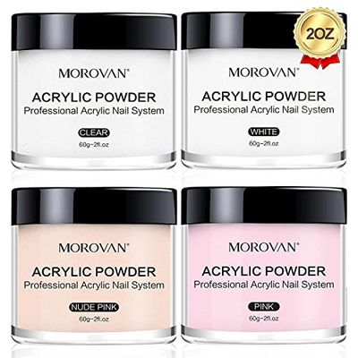 Morovan Acrylic Nail Powder Set 4 Colors Clear Nude Pink White Acrylic Powder Colored Acrylic Nail Powder for Acrylic Nail Extension Carving