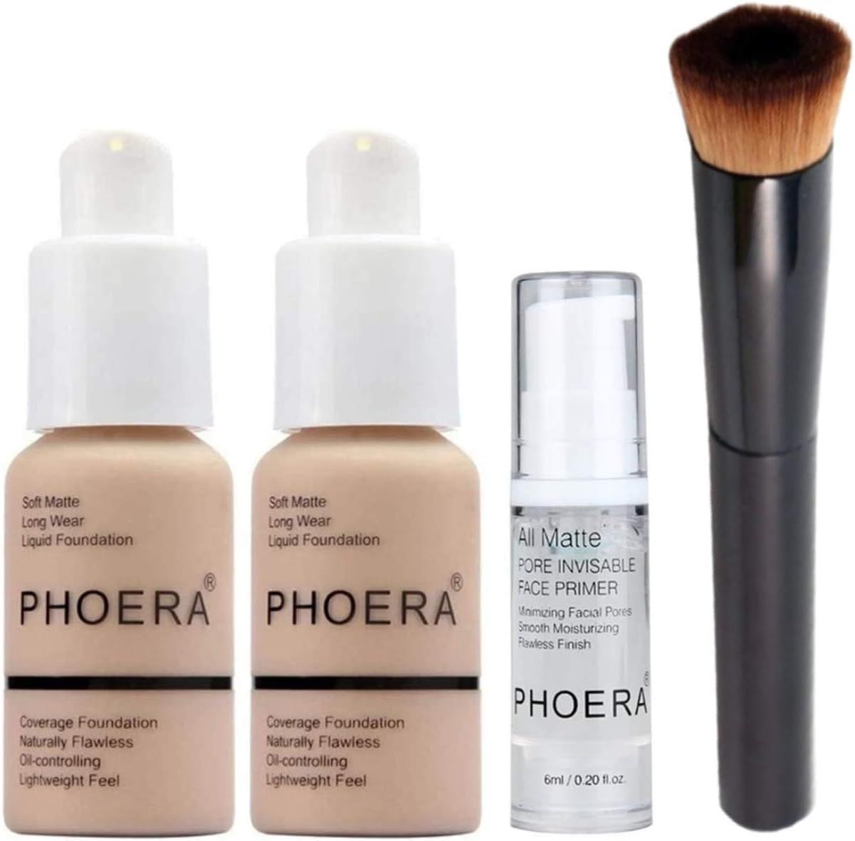 Glamza Full Coverage Makeup Set with 2x Foundation (102 Nude), Primer Gel &amp; Applicator Brush - Complete Face Cosmetics Kit for Women