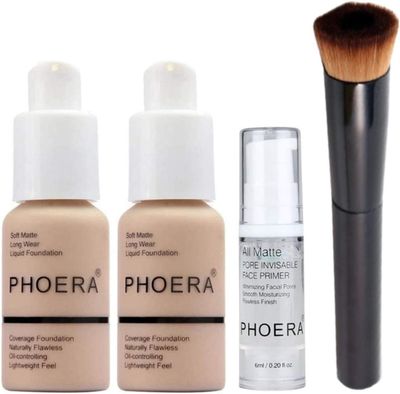 Glamza Full Coverage Makeup Set with 2x Foundation (102 Nude), Primer Gel &amp; Applicator Brush - Complete Face Cosmetics Kit for Women