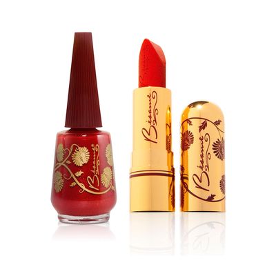 BESAME Holiday Red Lipstick and Finger-Nail Polish Set - 1950s Vintage-Inspired, Satin Finish Moisturizing Lip Color &amp; Enamel Have Subtle Gold Sparkle