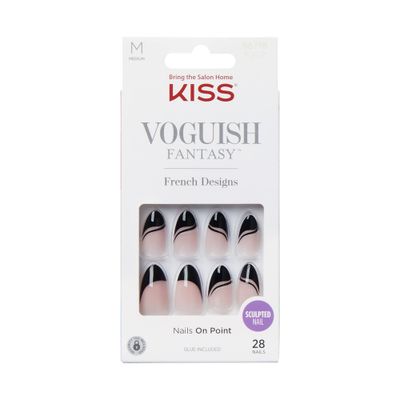 KISS Voguish Fantasy Fake Nails - Magnifique, Fashion Acrylic Nails, Medium, Almond Shaped, Glossy, Dark Black, Ready To Wear, No DamageNo Dry Time, Waterproof, Smudge Proof | 28 Count