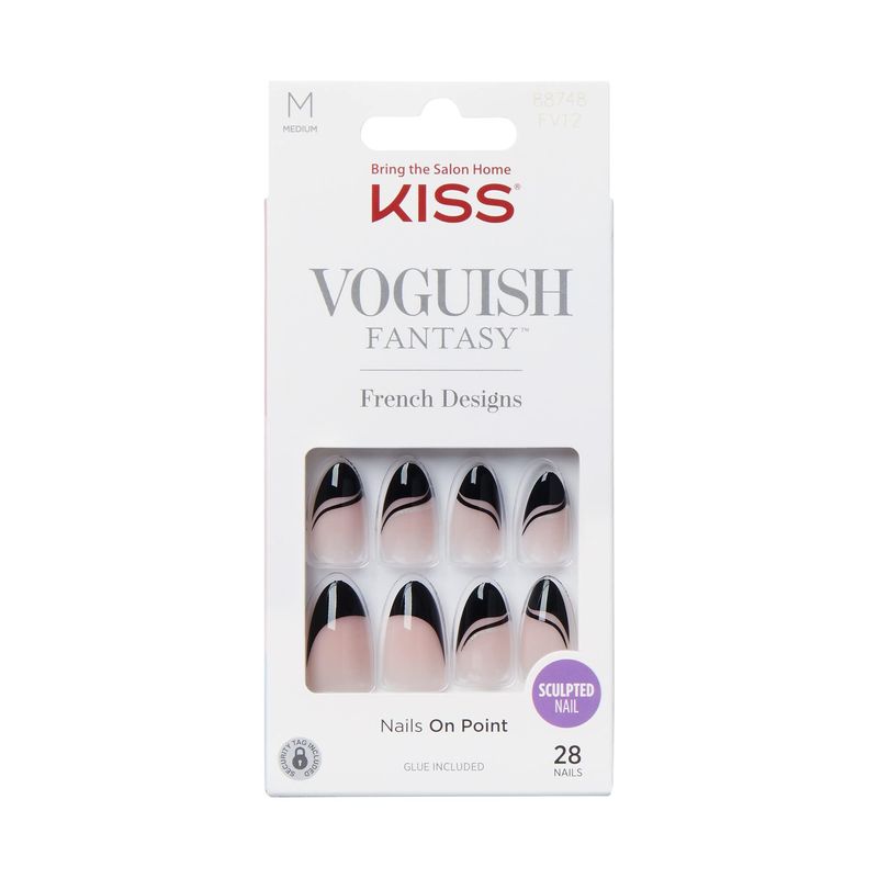 KISS Voguish Fantasy Fake Nails - Magnifique, Fashion Acrylic Nails, Medium, Almond Shaped, Glossy, Dark Black, Ready To Wear, No DamageNo Dry Time, Waterproof, Smudge Proof | 28 Count
