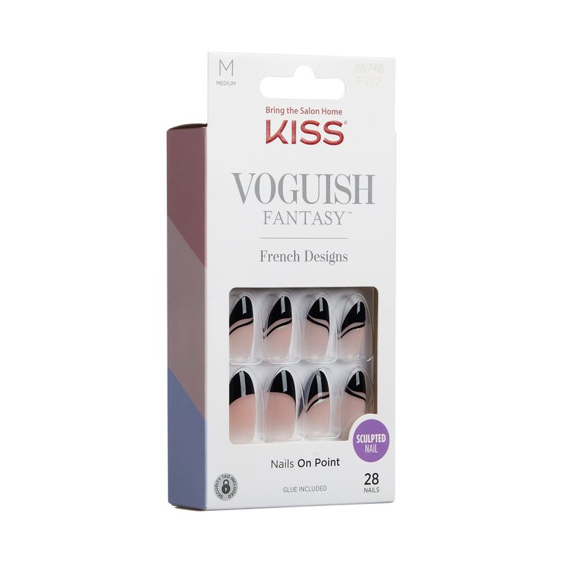 KISS Voguish Fantasy Fake Nails - Magnifique, Fashion Acrylic Nails, Medium, Almond Shaped, Glossy, Dark Black, Ready To Wear, No DamageNo Dry Time, Waterproof, Smudge Proof | 28 Count