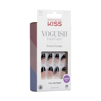 KISS Voguish Fantasy Fake Nails - Magnifique, Fashion Acrylic Nails, Medium, Almond Shaped, Glossy, Dark Black, Ready To Wear, No DamageNo Dry Time, Waterproof, Smudge Proof | 28 Count