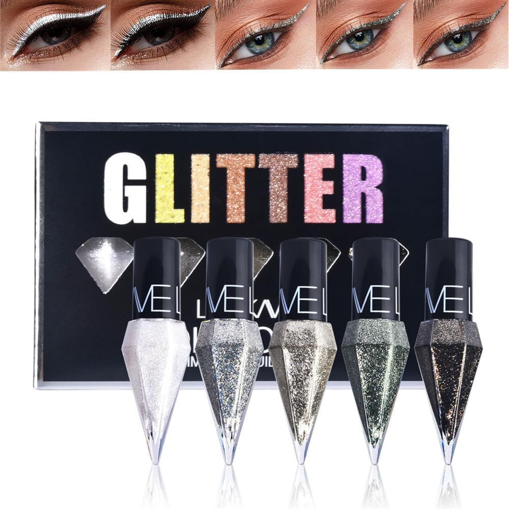 Go Ho Glitter Eyeliner Colorful Set,5 Colors Metallic Shimmer White Silver Brown Diamond Shine Eye Liner,Glitter Eyeshadow,Waterproof Long Lasting Glow Sparkle Eye Glitter Makeup