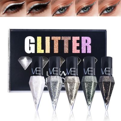 Go Ho Glitter Eyeliner Colorful Set,5 Colors Metallic Shimmer White Silver Brown Diamond Shine Eye Liner,Glitter Eyeshadow,Waterproof Long Lasting Glow Sparkle Eye Glitter Makeup