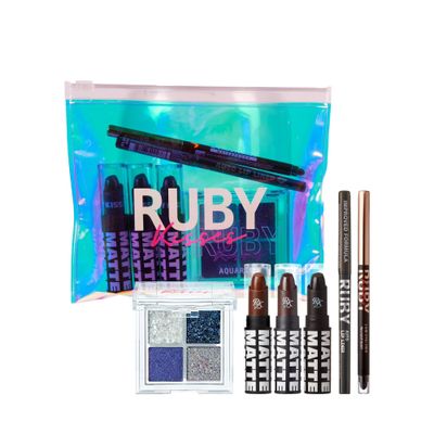 Ruby Kisses Limited Edition Bold Makeup Kit - 3 Mattest Matte Lipsticks, Glitter Gem Palette, Waterproof Eyeliner, Auto Lip Liner &amp; Holographic Pouch