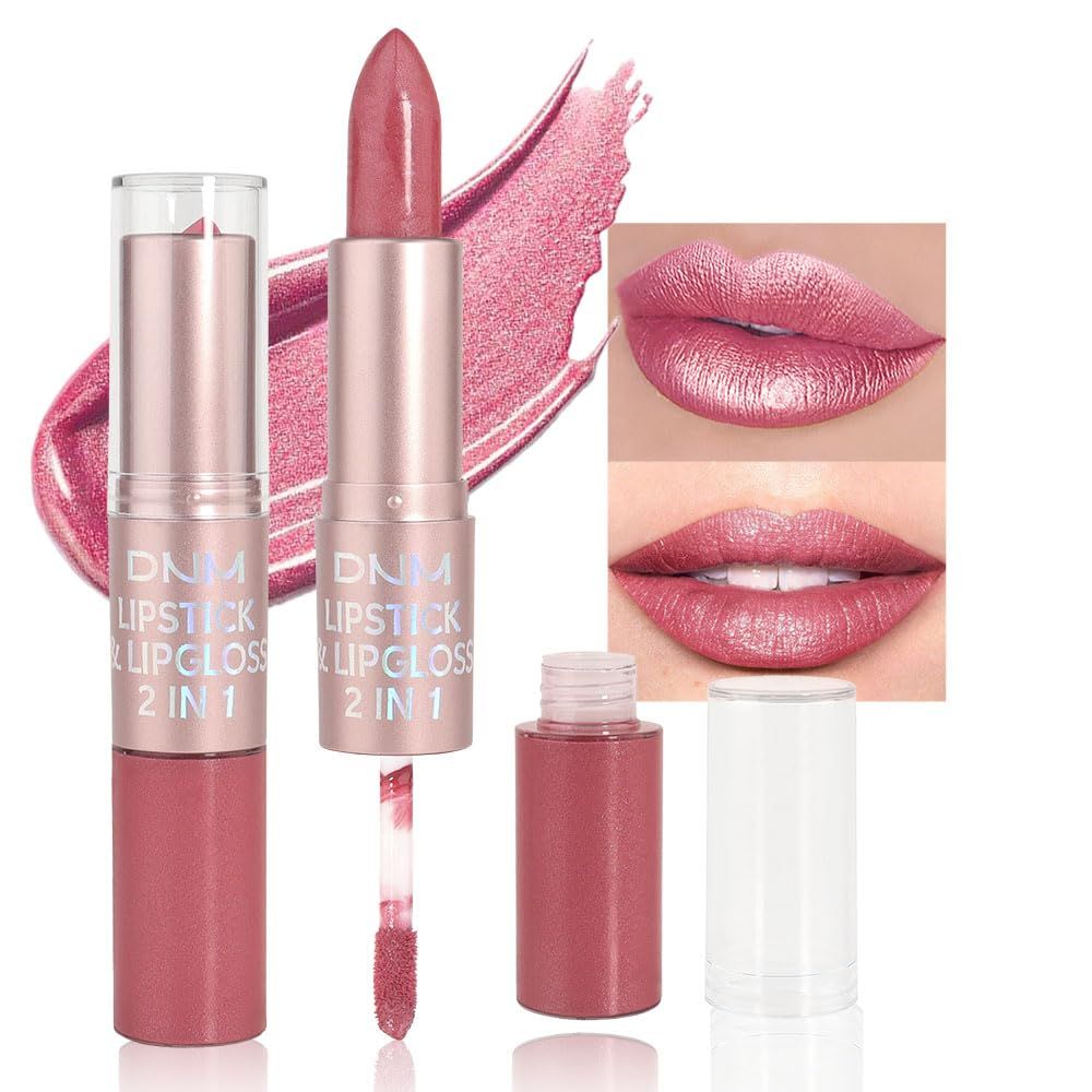 evpct 2 in 1 Natural Pink Glitter Shimmer Shiny lipstick &amp; Liquid Lip Gloss, Metallic Dual Ended Lipstick with Hydrating Lightweight Formula, Shiny Glossy Lip Stick Makeup for Women stay on all Day 05