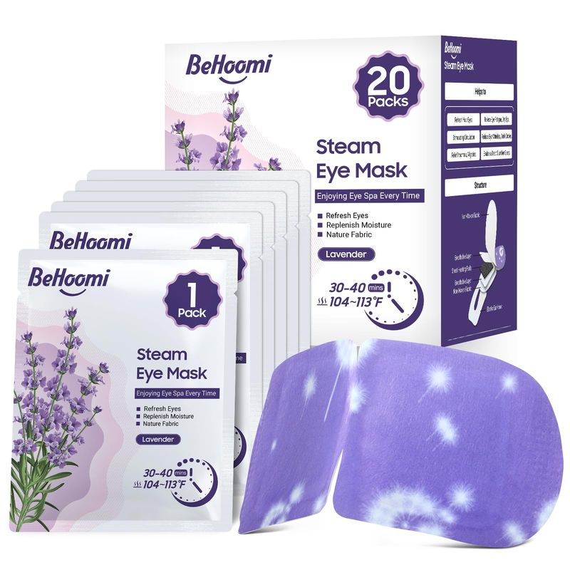 BeHoomi 20 Packs Steam Eye Mask, Heated Eye Mask Warm Compress for Eyes, Disposable Self Heating Eye Mask for Sleep, Spa, Travel Essentials &amp; Relaxation Gifts for Women, Stocking Stuffers (Lavender)