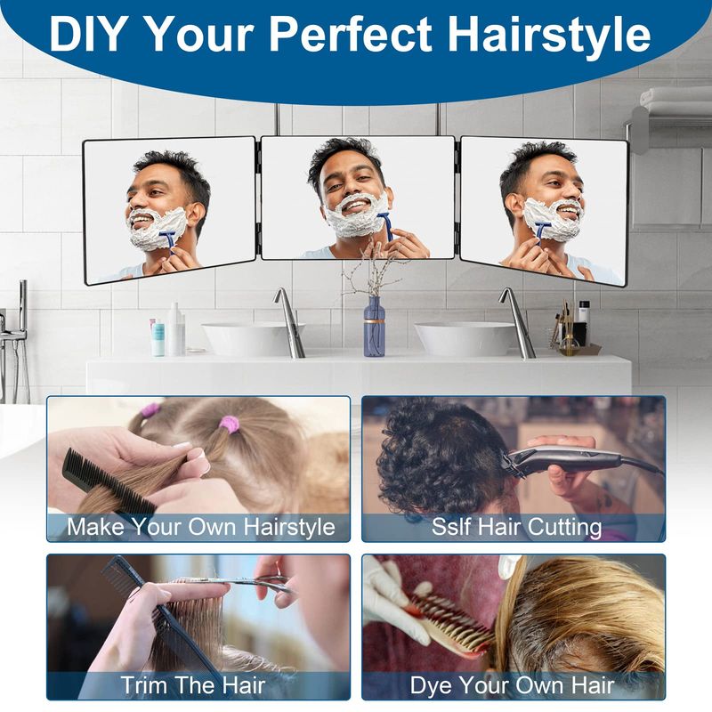 LMZNXCZ 3 Way Mirror for Self Hair Cutting,360 Haircuts Mirror Men for Barber Use Tools,to See Back of Head,Tri Fold Mirror with Portable Height Adjustable Telescoping Hooks