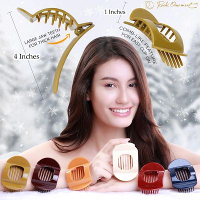 RC ROCHE ORNAMENT 6 Pcs Womens Square Strong Grip Secure Hold Inner Teeth Styling Plastic Comfortable Curve No Slip Beauty Accessory Girls Ladies Claw Clamp Clip, Medium Classic