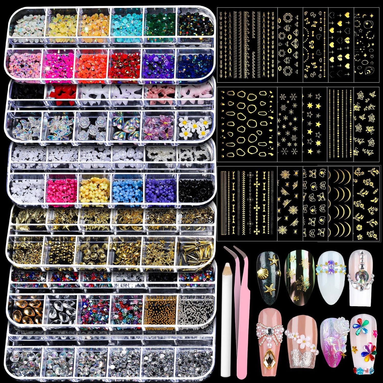 Teenitor Nail Charms Nail Art Kit with 15 Sheets Gold Nail Stickers, 6 Boxes of Nail Gems Nail Art Tools Nail Rhinestones for Nails, Nail Supplies 3D Nail Charms and Gems Nail Decals Nail Pearls