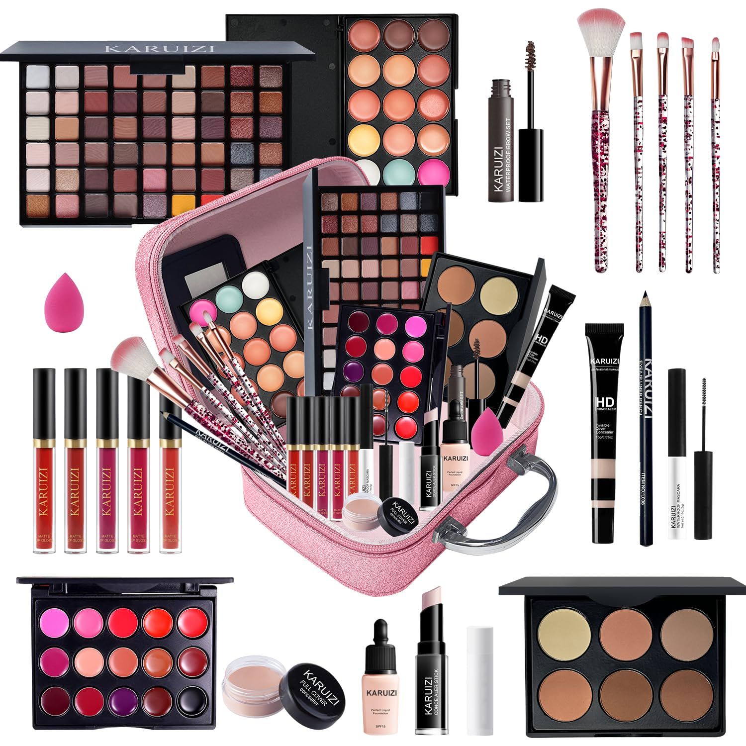KARUIZI All in One Makeup Kit,Makeup Kit for Women, Teens and Girls, All-in-One Set with Eyeshadow Palettes, Lipsticks, Brushes, Storage Bag,Makeup gift set girls makeup sets ages 8-12 (Pink)