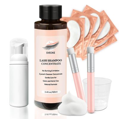 SVECKE Lash Shampoo Concentrate 100ml for Lash Extension, Lash Shampoo Kit for Eyelash Cleansing, Oil-Free Eyelash Extension Cleanser Concentrate, Lash Cleaning Kit with Brush Bottle