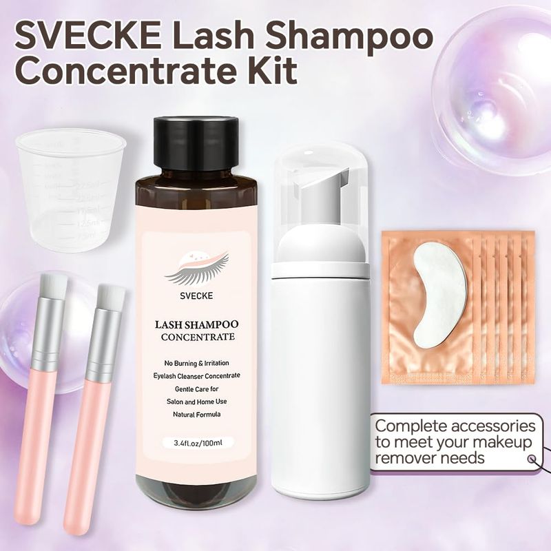 SVECKE Lash Shampoo Concentrate 100ml for Lash Extension, Lash Shampoo Kit for Eyelash Cleansing, Oil-Free Eyelash Extension Cleanser Concentrate, Lash Cleaning Kit with Brush Bottle