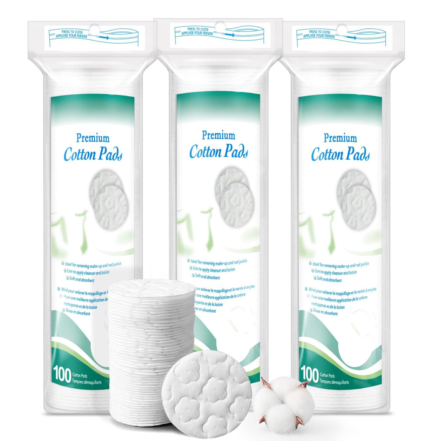Premium Cotton Rounds for Face, 300 Count Makeup Remover Pads, 100% Pure &amp; Natural Facial Cleansing Round Pads, Hypoallergenic, Lint-Free