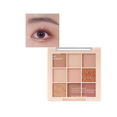 TWLBXMG 9 Color Eyeshadow Palette, Glitter Nude Peach Rose Gold Champagne Orange Eye Shadow Palettes Waterproof Highly-Pigmented Long-Lasting Korean Eye Makeup (02# Peach)