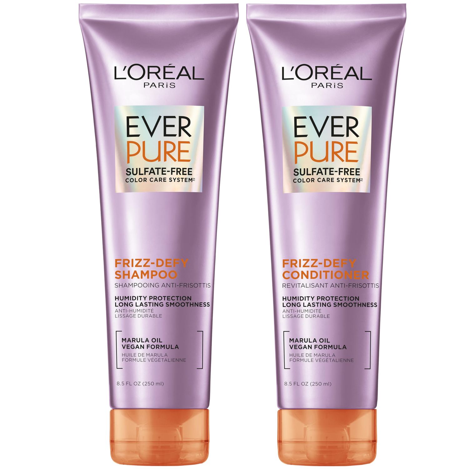 L&#39;Oreal Paris Frizz Defy Shampoo and Conditioner Set, Frizz Control Hair Care with Marula Oil, EverPure, 8.5 Fl Oz, Set of 2