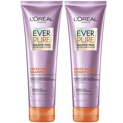 L&#39;Oreal Paris Frizz Defy Shampoo and Conditioner Set, Frizz Control Hair Care with Marula Oil, EverPure, 8.5 Fl Oz, Set of 2