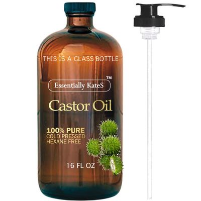 Castor Oil 16 Fl Oz (Glass Bottle) - Original Unrefined - A Huge Glass Bottle with a Pump - 100% Pure and Natural, Cold Pressed, and Hexane-Free - Hair Oil, Body Oil