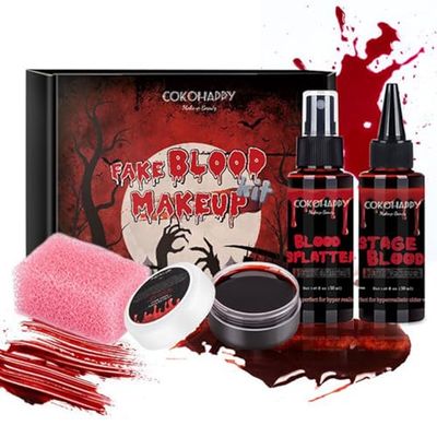 COKOHAPPY 4PCS Fake Blood Kit Halloween Makeup - Coagulated Blood 1.05oz  Fake Blood Spray 1.76oz  Stage Blood 1.76oz, Realistic Washable Special Effects SFX Makeup Set, for Zombie Vampire Monster