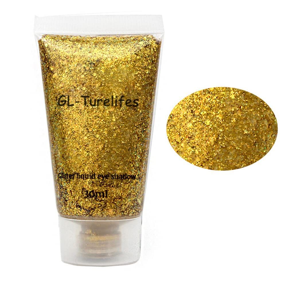 GL-Turelifes 30ml Sequins Chunky Glitter Liquid Eyeshadow Glitter Body Gel Festival Glitter Cosmetic Face Hair Nails Makeup Long Lasting Sparkling Easy to Apply, Easy to Remove (#07 Gold)