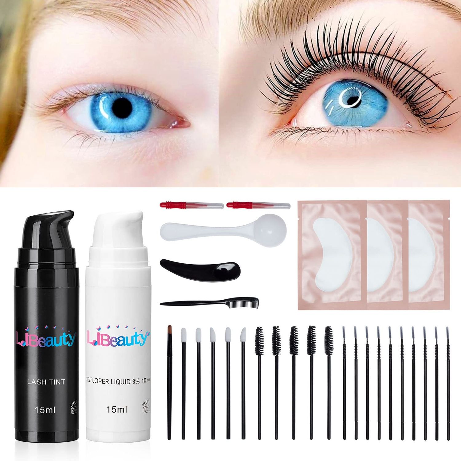 Libeauty Lash Color Kit, Natural Black for Eyelash and Eyebrow Coloring with Detailed Instruction Salon Quality Airless Pump Bottle Last to 4 Weeks (15 ml)
