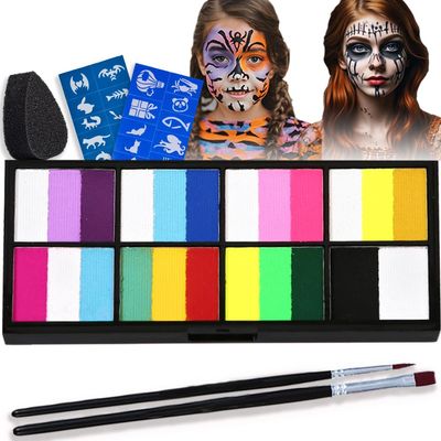 Face Painting Kit - Professional Rainbow Split Cake for Body &amp; Face Makeup, Water Activated, 8 x 10g, with Stickers, Brushes, Sponges, for Halloween, Christmas, Easter, Parties